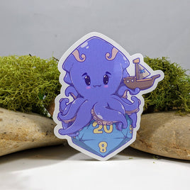 Chibi Kraken Atop A D20 Polyhedral Dice Sticker - 2.5"