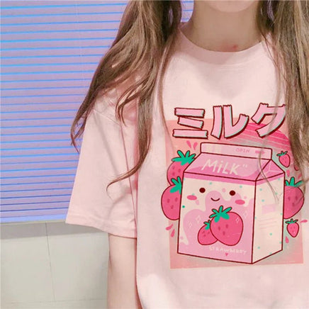 Japanese Strawberry Milk T-Shirt - The Mage's Emporium Kore Kawaii Kore Kawaii Shopify Collective Used English Japanese Style Comic Book