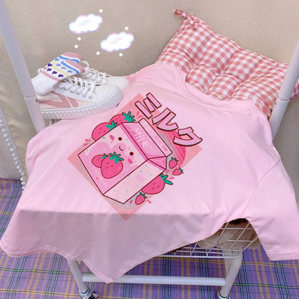 Japanese Strawberry Milk T-Shirt - The Mage's Emporium Kore Kawaii Kore Kawaii Shopify Collective Used English Japanese Style Comic Book