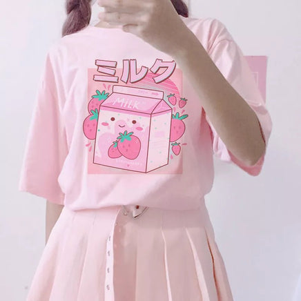 Japanese Strawberry Milk T-Shirt - The Mage's Emporium Kore Kawaii Kore Kawaii Shopify Collective Used English Japanese Style Comic Book