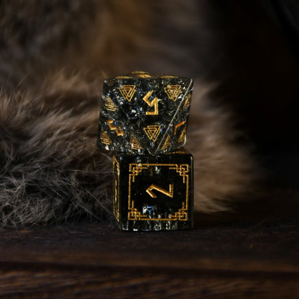 Nordic Black Shattered Glass Dice Set - Dice Around the World Collection - The Mage's Emporium Misty Mountain Gaming Misty Mountain Gaming Shopify Collective Used English Dice Japanese Style Comic Book