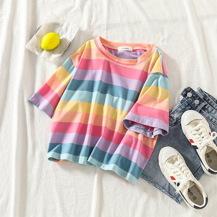 Pastel Rainbow Striped T-Shirt - The Mage's Emporium Kore Kawaii Kore Kawaii Shopify Collective Used English Japanese Style Comic Book
