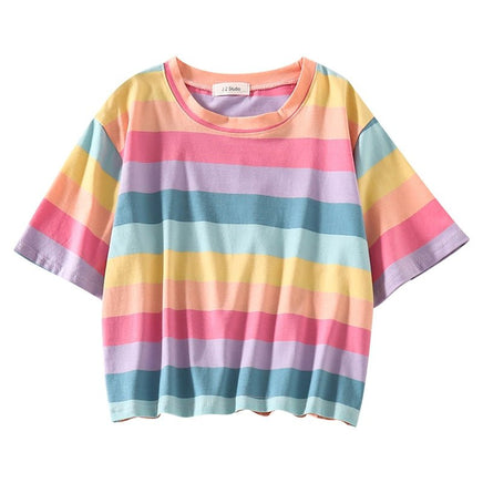Pastel Rainbow Striped T-Shirt - The Mage's Emporium Kore Kawaii Kore Kawaii Shopify Collective Used English Japanese Style Comic Book