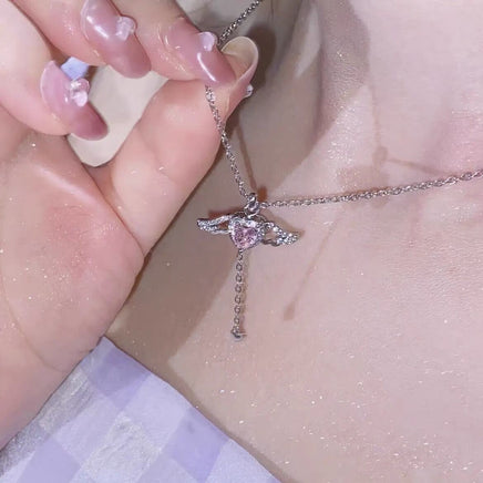 Pink Crystal Heart Angel Wings Pendant Necklace - The Mage's Emporium Kore Kawaii Kore Kawaii Shopify Collective Used English Japanese Style Comic Book