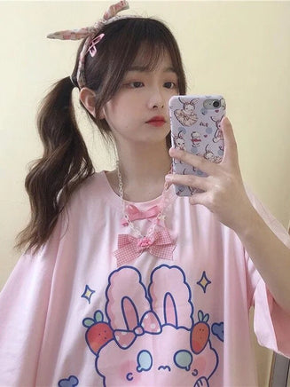 Pink Strawberry Bunny Harajuku T-Shirt - The Mage's Emporium Kore Kawaii Kore Kawaii Shopify Collective Used English Japanese Style Comic Book