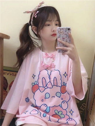 Pink Strawberry Bunny Harajuku T-Shirt - The Mage's Emporium Kore Kawaii Kore Kawaii Shopify Collective Used English Japanese Style Comic Book