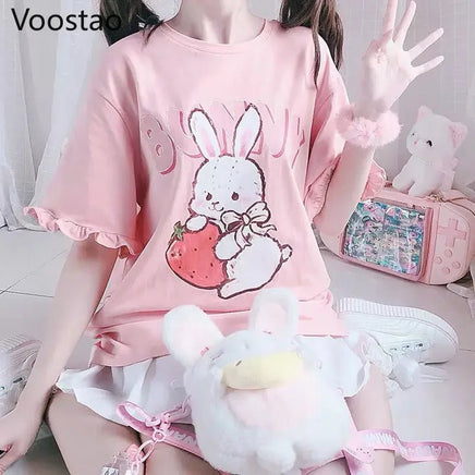 Pink Strawberry Bunny T-Shirt - The Mage's Emporium Kore Kawaii Kore Kawaii Shopify Collective Used English Japanese Style Comic Book
