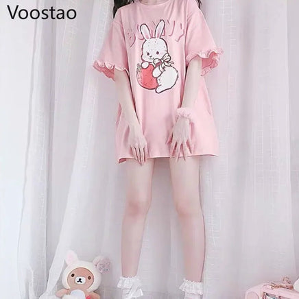 Pink Strawberry Bunny T-Shirt - The Mage's Emporium Kore Kawaii Kore Kawaii Shopify Collective Used English Japanese Style Comic Book