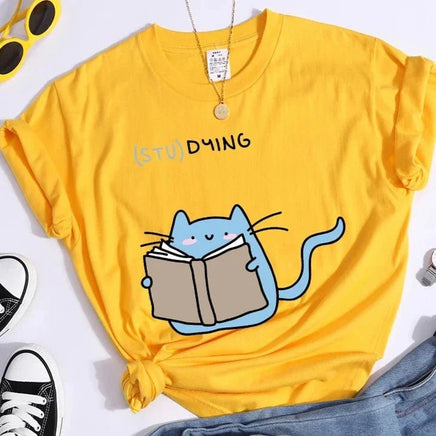 "(STU)DYING" Cat Graphic T-Shirt - The Mage's Emporium Kore Kawaii Kore Kawaii Shopify Collective Used English Japanese Style Comic Book