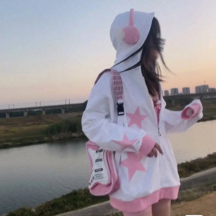 White & Pink Star Headphones Hoodie - The Mage's Emporium Kore Kawaii Kore Kawaii Shopify Collective Used English Japanese Style Comic Book